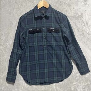 J. Crew Womens Size 2 Shirt Green Black Plaid Beaded Chevron Pockets Button Up